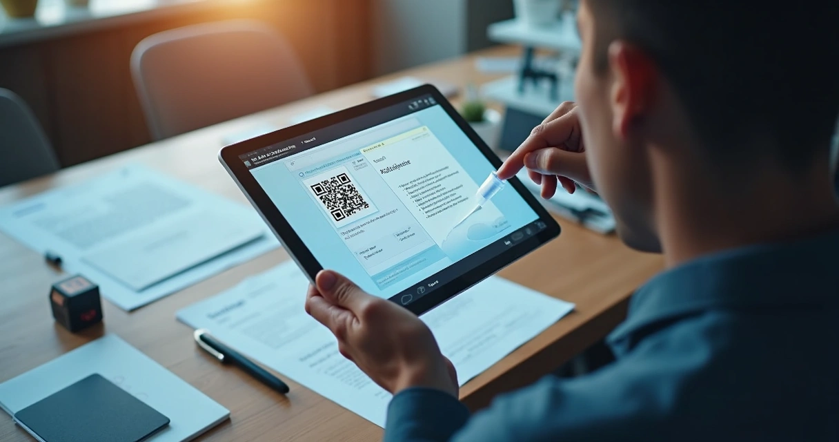 Certificado digital com QR Code sendo validado em auditoria por tablet 
