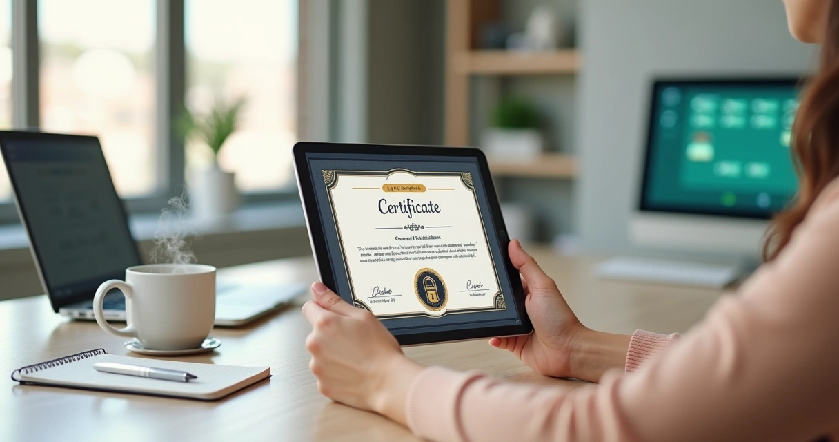 Aluno segurando certificado digital de curso livre aberto em tablet 