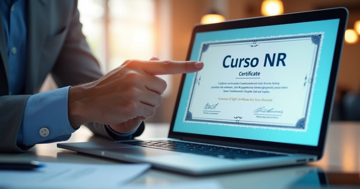 Certificado digital de curso NR mostrado em laptop 