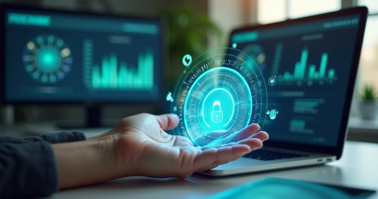 Mão segurando um certificado digital emitido em plataforma EAD com fundo de tela de computador mostrando gráficos e ícones de aprendizagem online 
