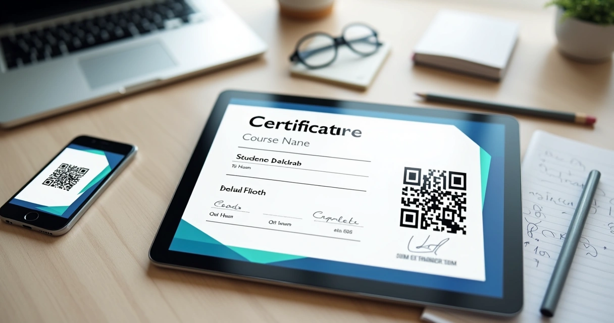 Certificado digital de curso EAD com QR code exibido em tablet sobre mesa clara 
