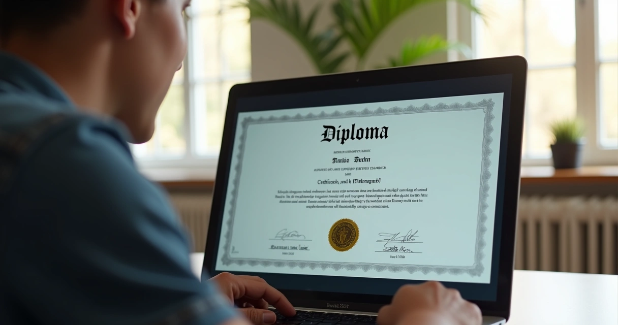 Persona recibiendo diploma digital en pantalla de laptop 
