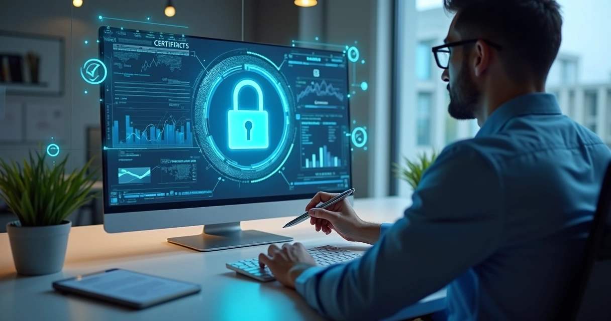 Documento digital seguro com selo de certificação digital sendo assinado eletronicamente por profissional em escritório moderno 