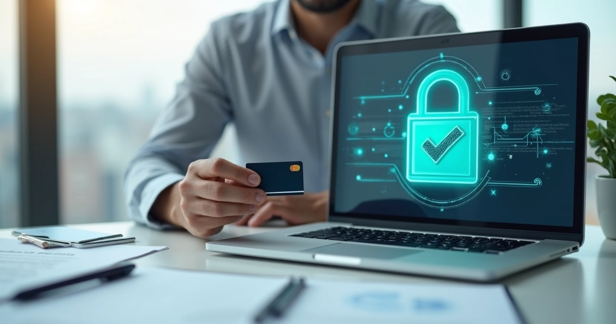 Empresário segurando certificado digital na tela do notebook com cadeado e ícones de segurança 