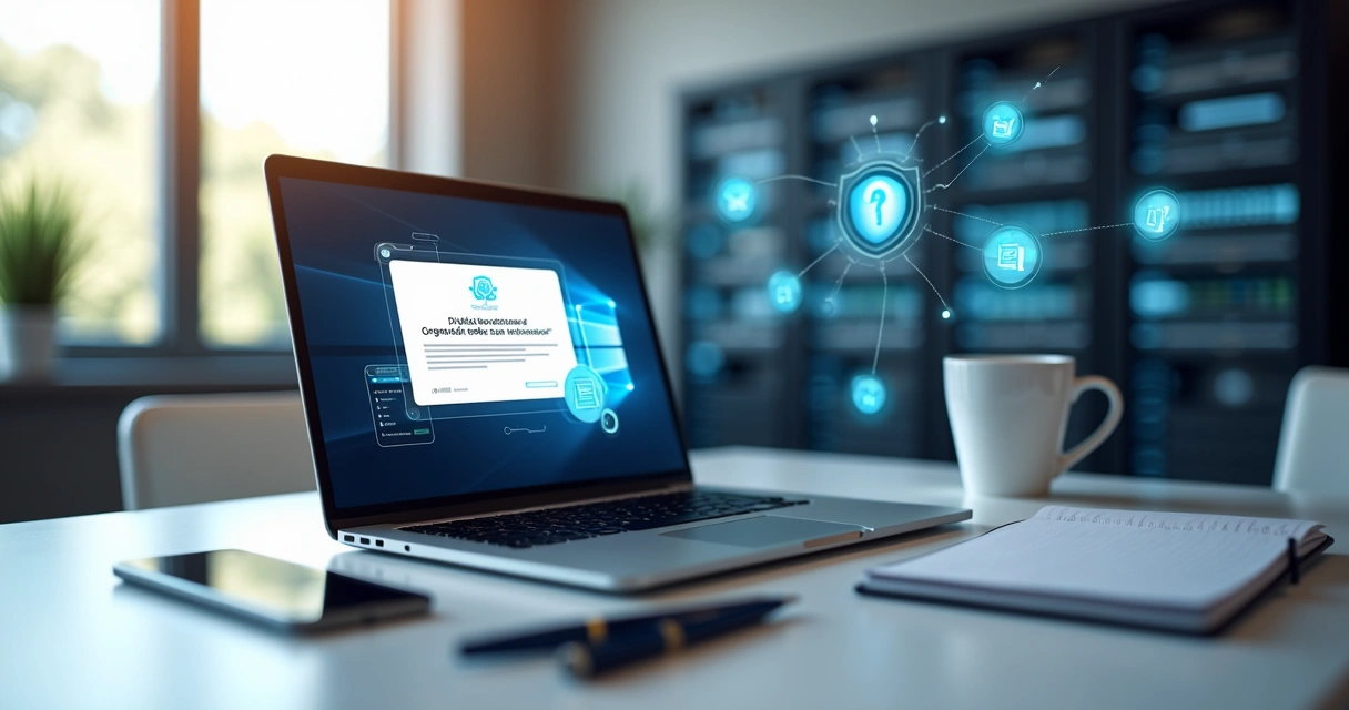 Computador moderno exibindo tela com certificado digital em área de trabalho organizada 