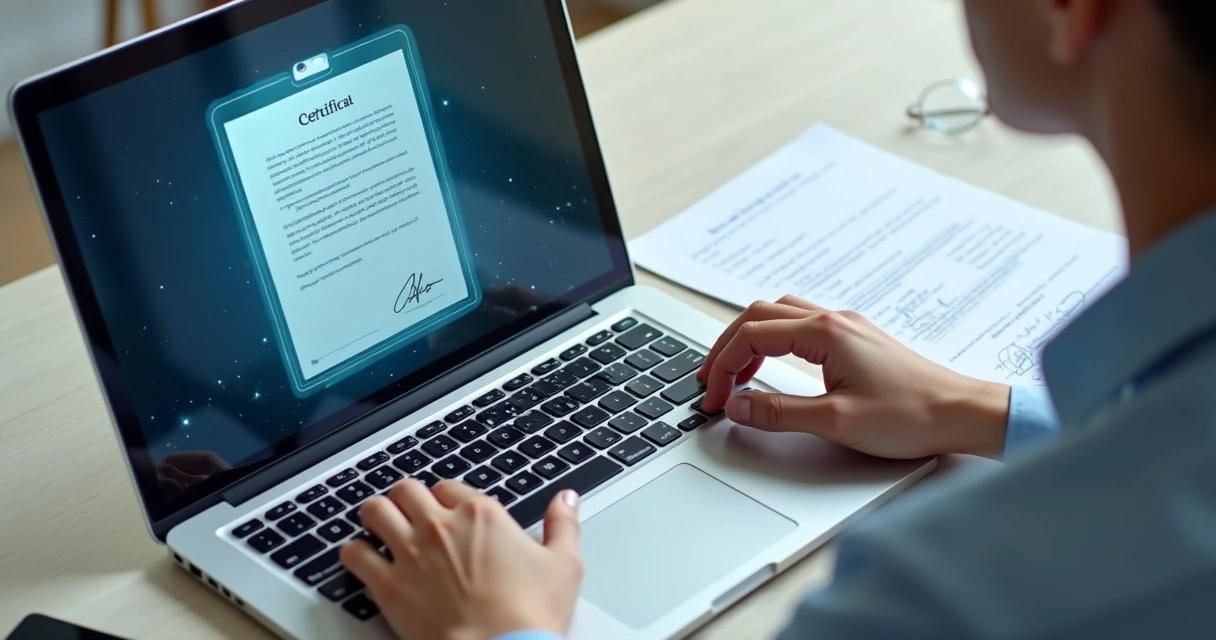 Persona mostrando en pantalla una firma electrónica en documento digital 