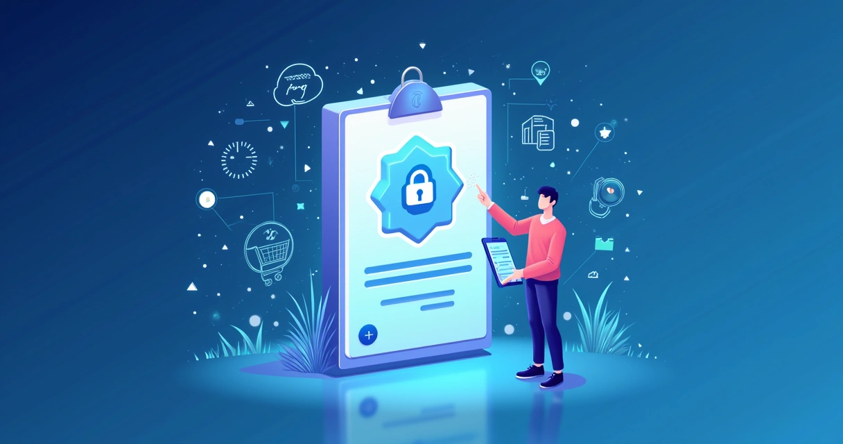 Ilustração de um certificado digital com um fundo azul e ícones de transações online iluminados.