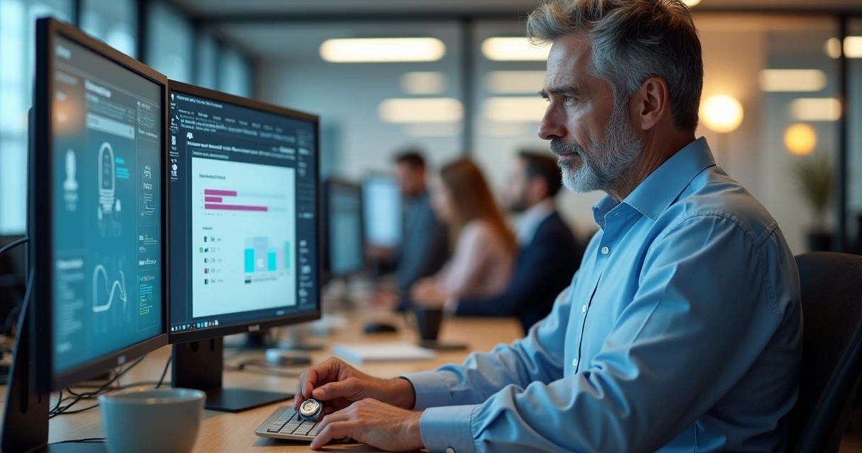 Funcionário implantando um certificado digital em um escritório moderno com computadores 