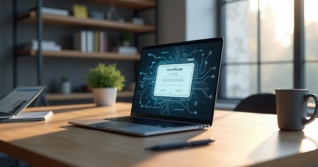 Certificado digital sendo exibido em tela de notebook, ao lado de papelaria de escritório. 