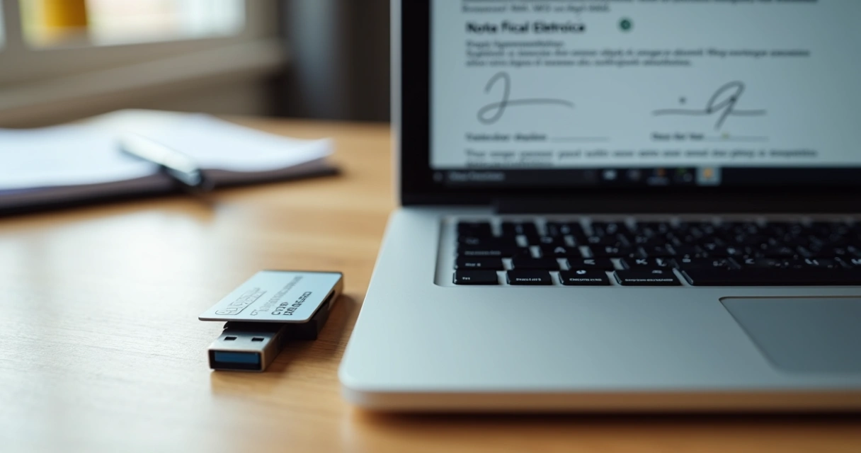 Certificado digital conectado a um notebook com tela de nota fiscal aberta 