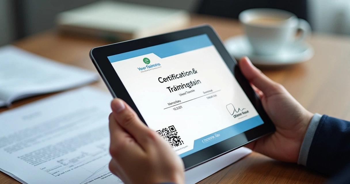 Certificado digital de NR em tela de tablet nas mãos de uma pessoa 