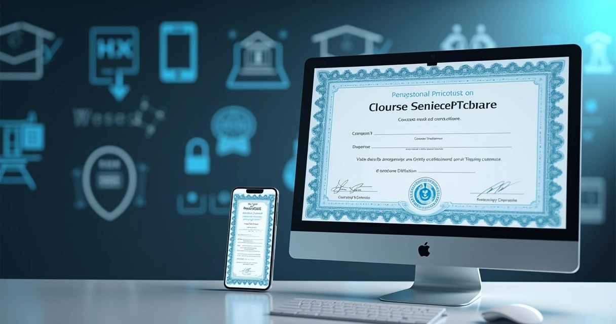Certificado digital de curso exibido em computador e smartphone 
