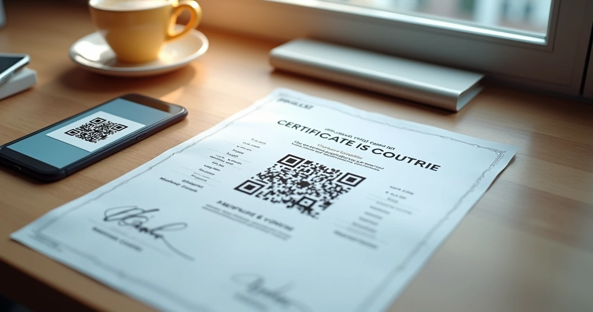 Certificado digital impresso exibido sobre mesa ao lado de smartphone aberto na tela de leitura de QR code 