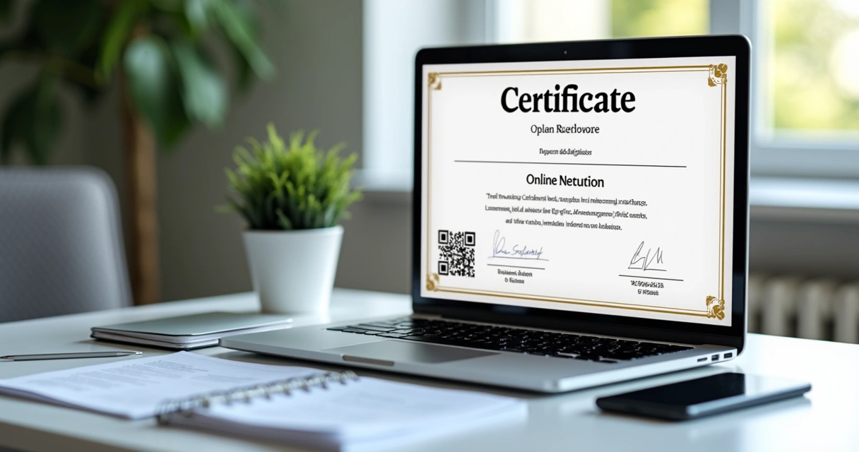 Certificado digital com QR Code sendo exibido em laptop