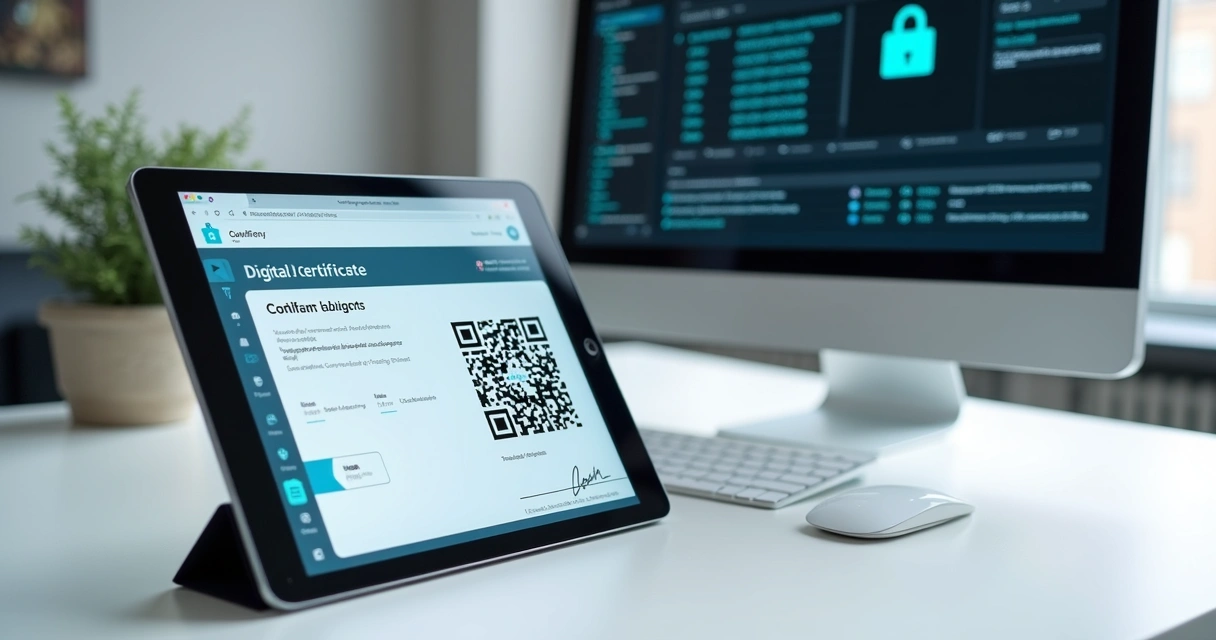 Certificado digital com QR Code em dispositivo e tela de computador 