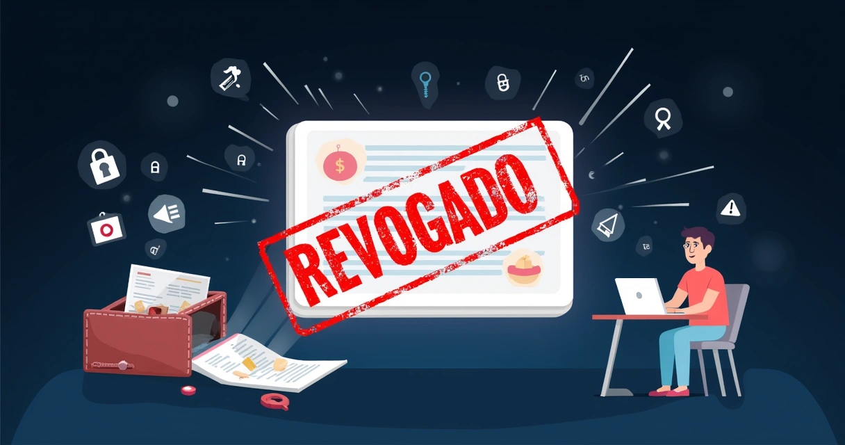Certificado digital revogado com um carimbo vermelho e ícones de segurança ao fundo, simbolizando proteção.