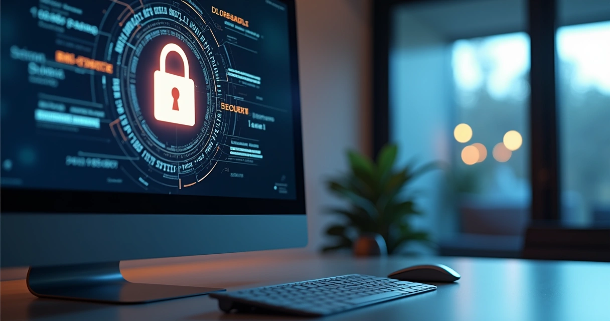 Computador com tela exibindo certificado digital e cadeado de segurança eletrônico 