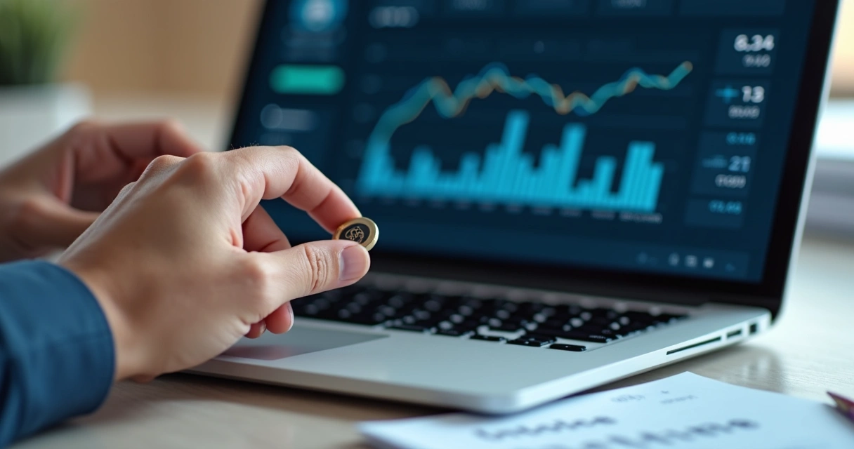 Mão segurando token de certificado digital ao lado de notebook aberto mostrando tela de notas fiscais 