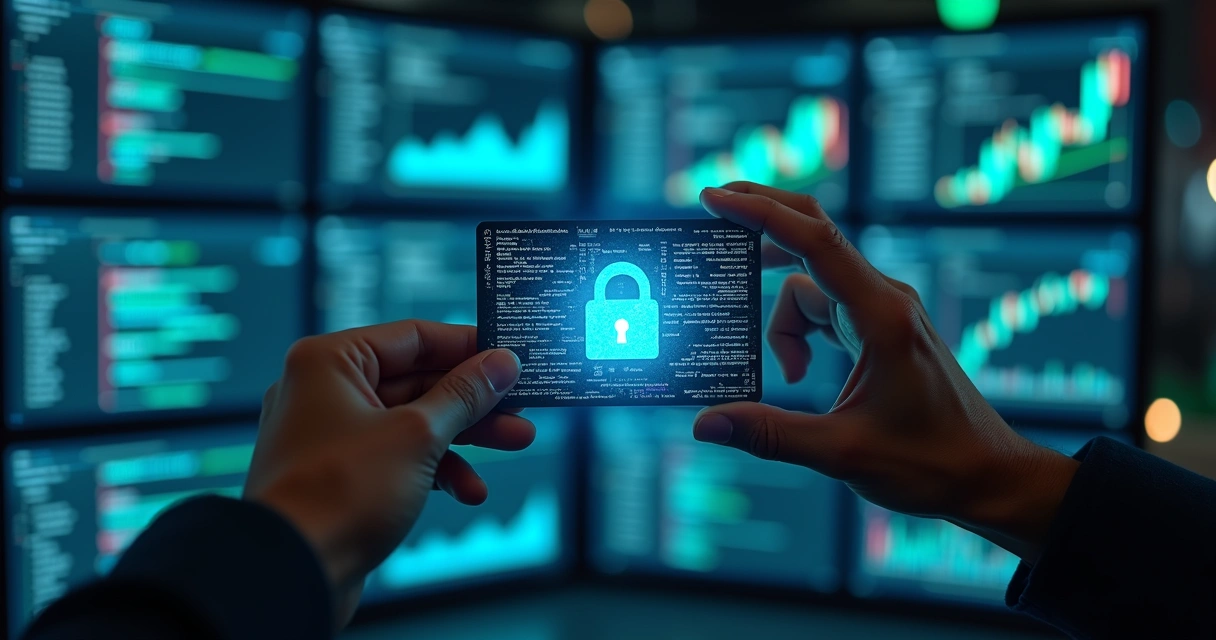 Mãos segurando um cartão de certificado digital com cadeado digital holográfico sobre fundo de telas de computador com códigos e gráficos financeiros 