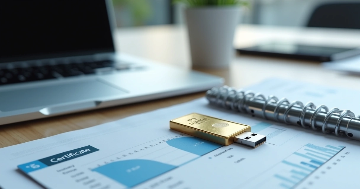 Certificado digital em cartão e token ao lado de notebook