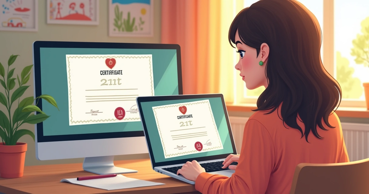 Certificado digital de curso com destaque para mãe segurando o diploma 