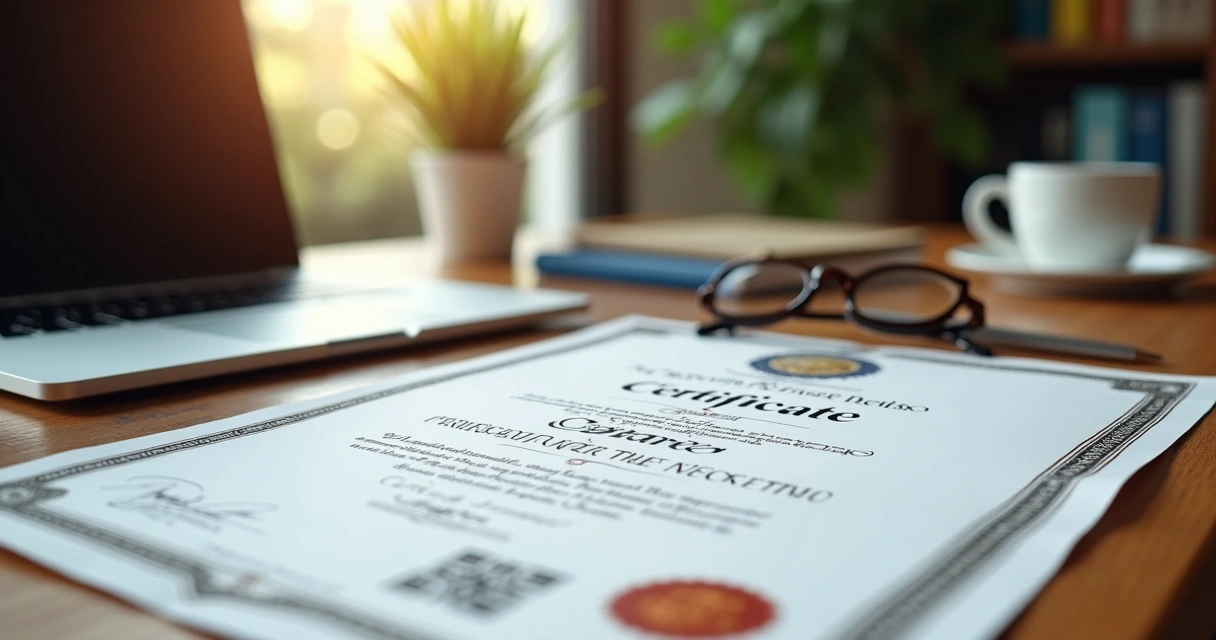 Certificado digital elegante em diploma com fundo de mesa de escritório organizada 