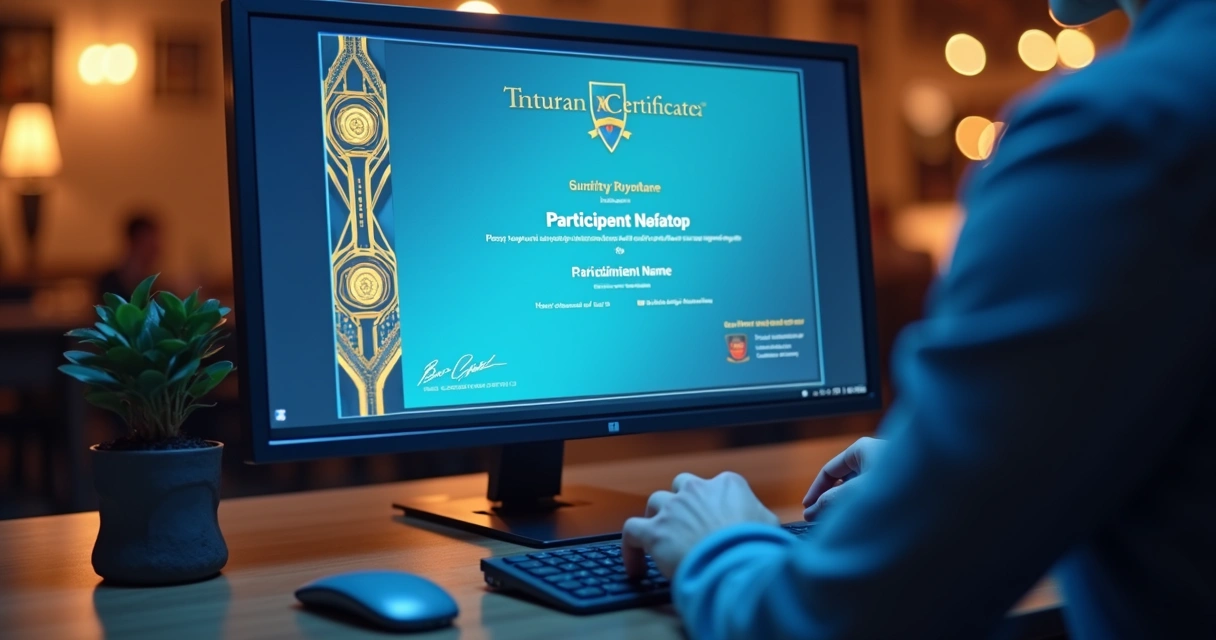Certificado digital em tela de computador, nome do participante visível, layout moderno 