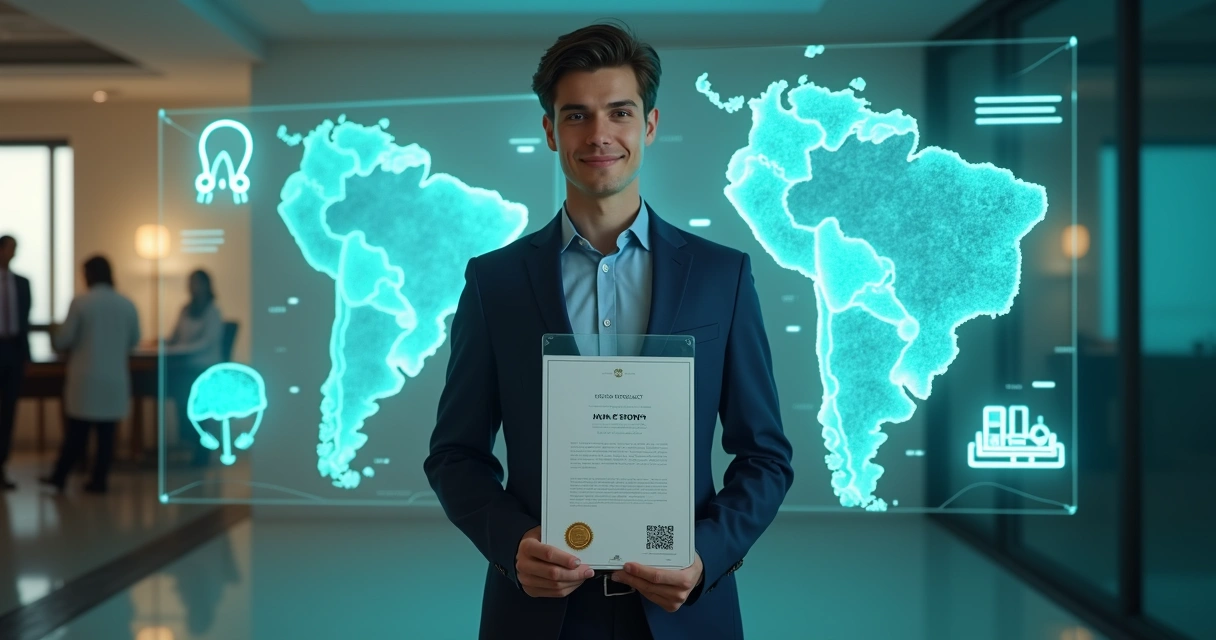 Profissional segurando certificado digital diante de mapa do Brasil estilizado 