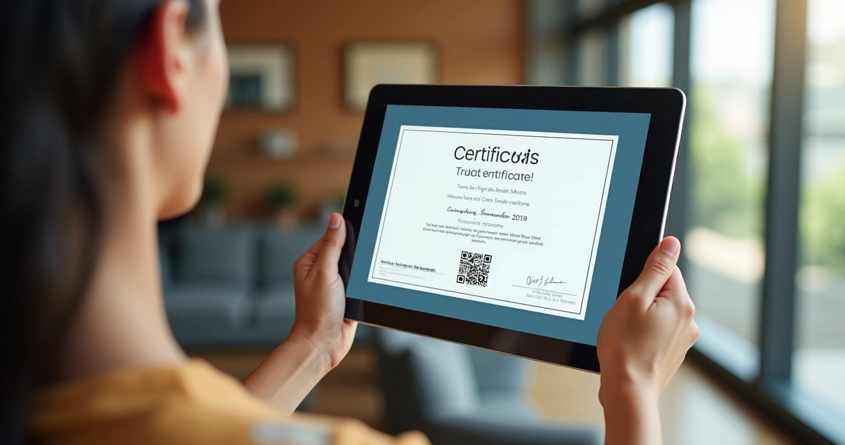 Pessoa segurando certificado digital com expressão de orgulho 