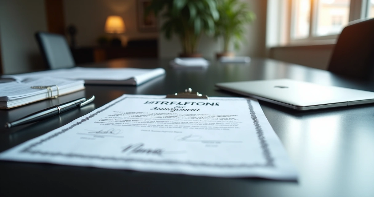 Certificado de pós-graduação em gestão sobre uma mesa, com uma caneta e documentos ao lado.