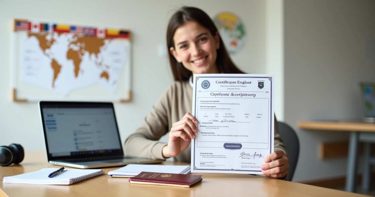 Estudante segurando certificado de idioma em inglês com bandeiras de países ao fundo 