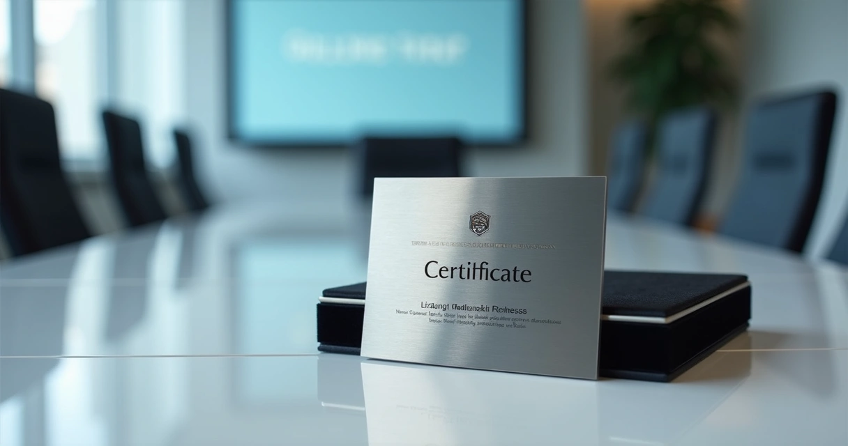 Certificado em aço inox sobre mesa de reunião corporativa 
