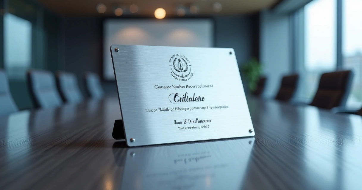 Certificado em inox sobre mesa corporativa