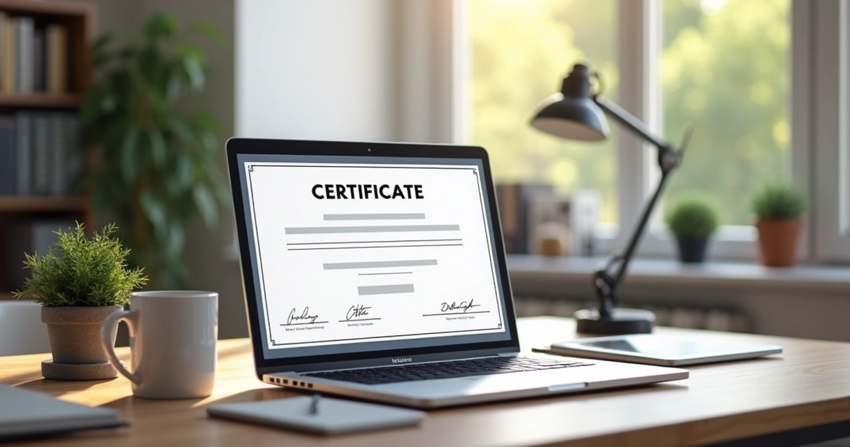 Certificado digital impresso ao lado de um notebook em uma mesa de escritório 