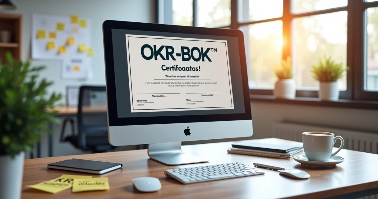 Certificado oficial OKR-BOK em espanhol exibido em uma mesa de escritório 