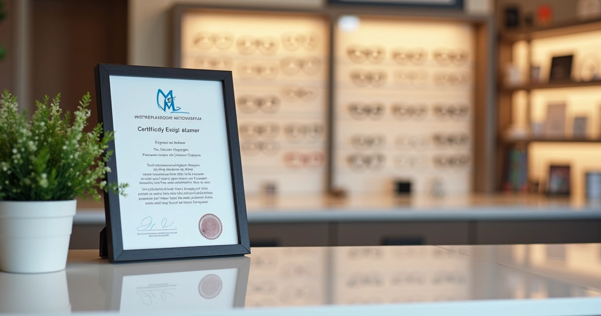 Certificado de qualificação exposto no balcão de ótica ao lado de armações