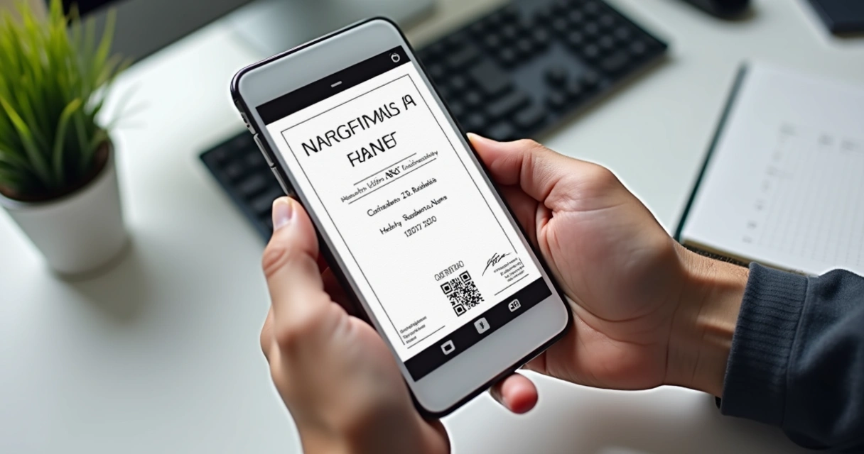 Certificado digital de curso com QR Code na tela do celular