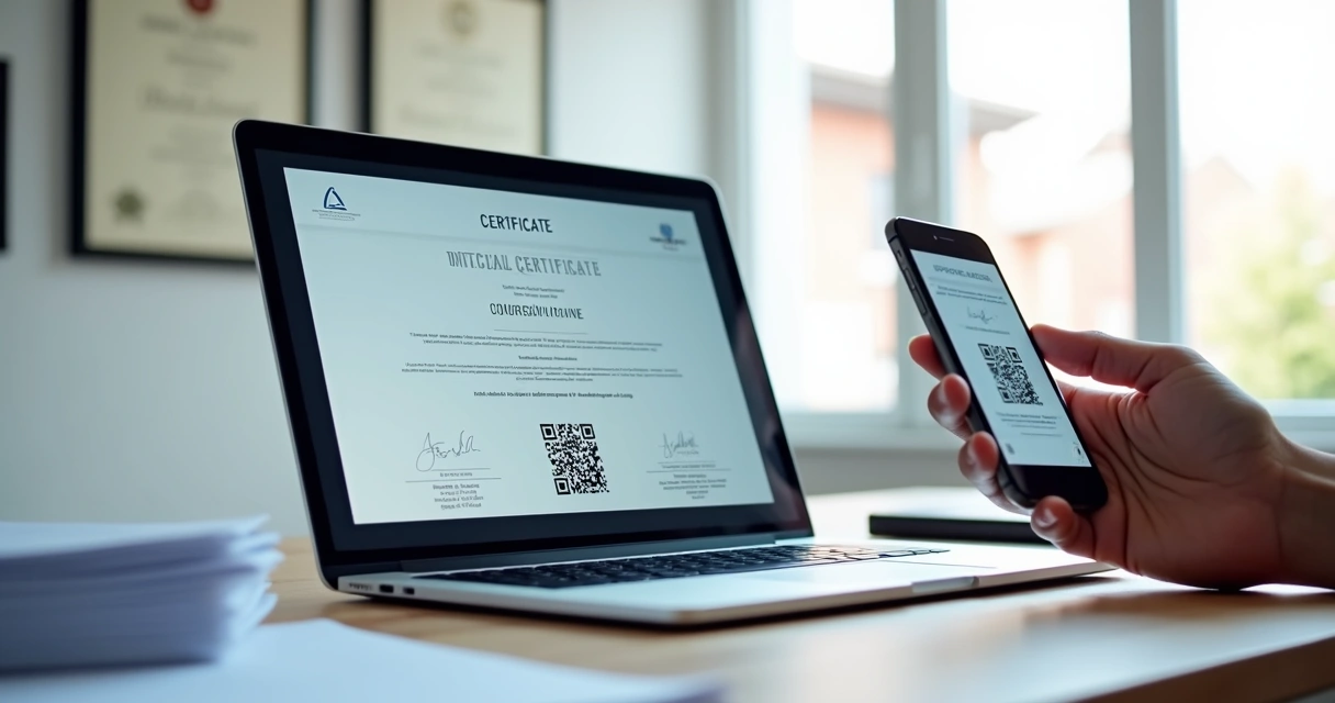 Certificado digital em tela com QR Code sendo escaneado por smartphone 