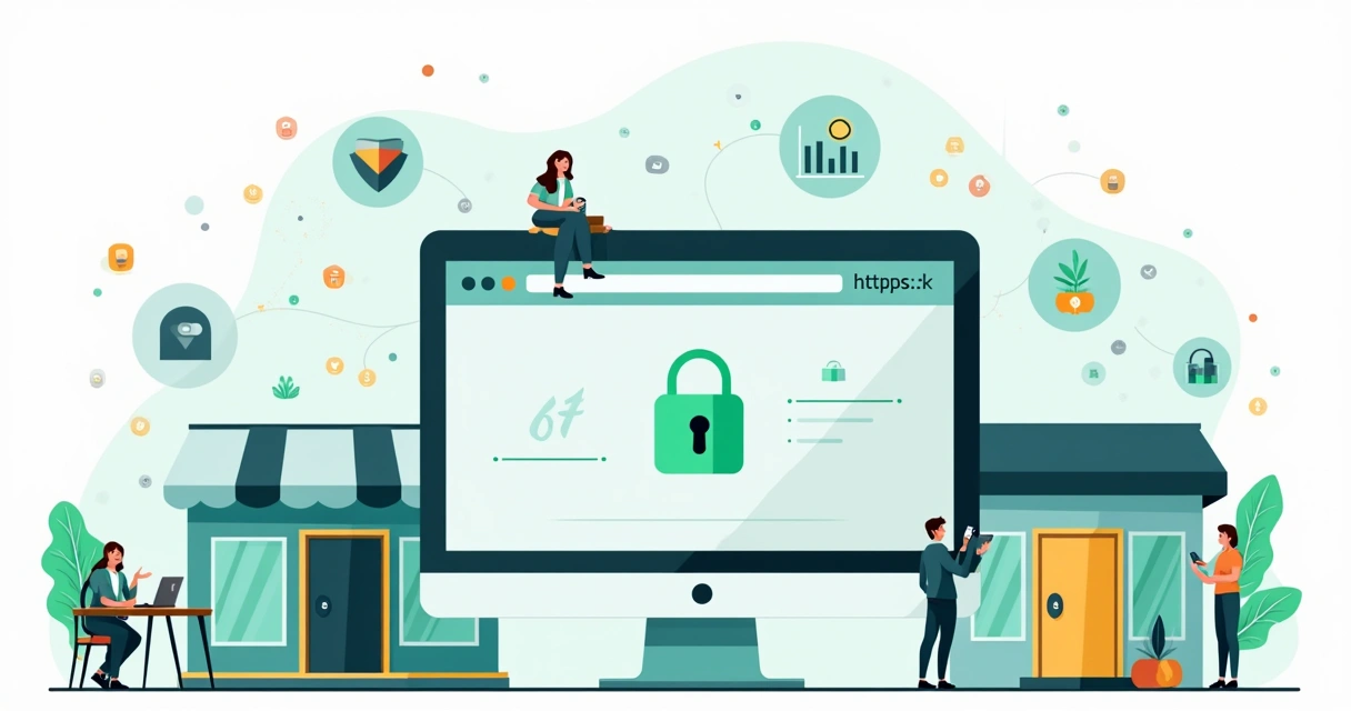 Ilustração de site com cadeado de SSL e navegação segura 