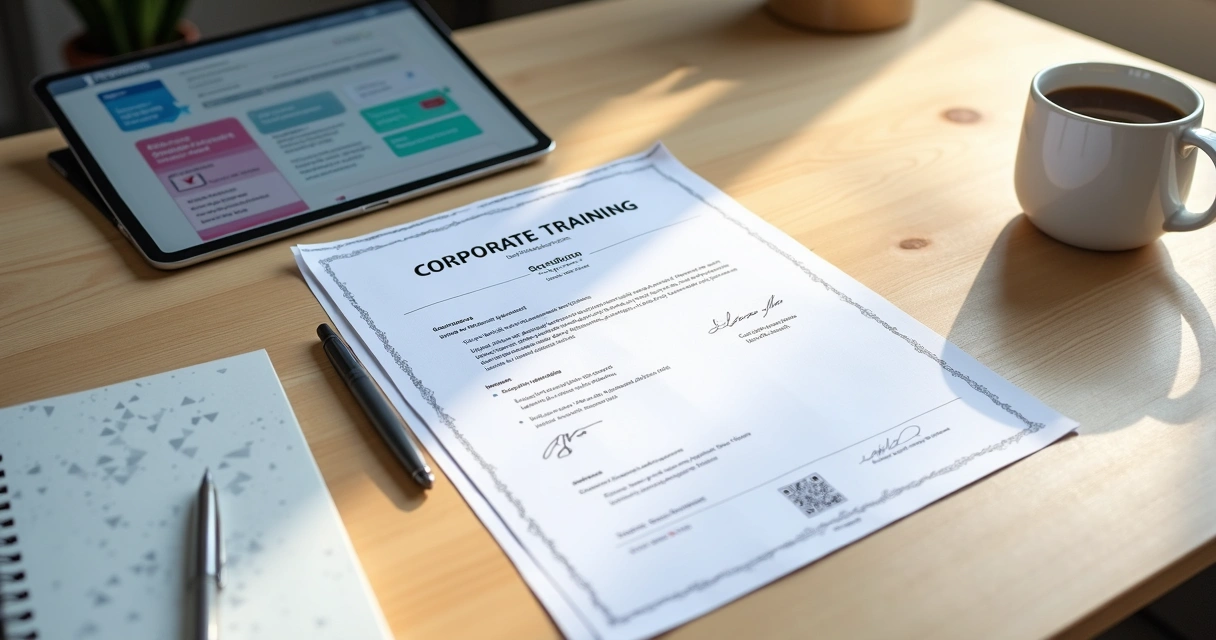 Certificado de treinamento corporativo com QR Code sobre mesa ao lado de tablet aberto 