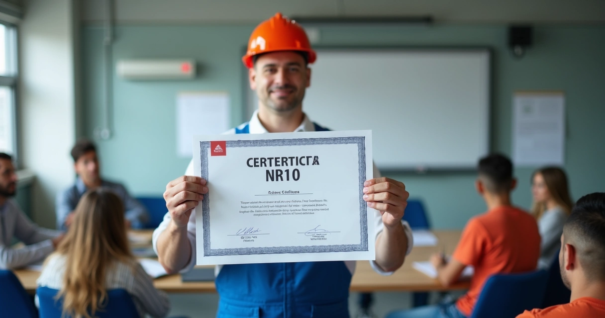 Profissional mostrando certificado de conclusão do curso NR10