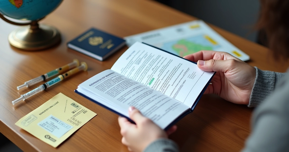 Pessoa segurando certificado internacional de vacinação com passaporte aberto na mesa 