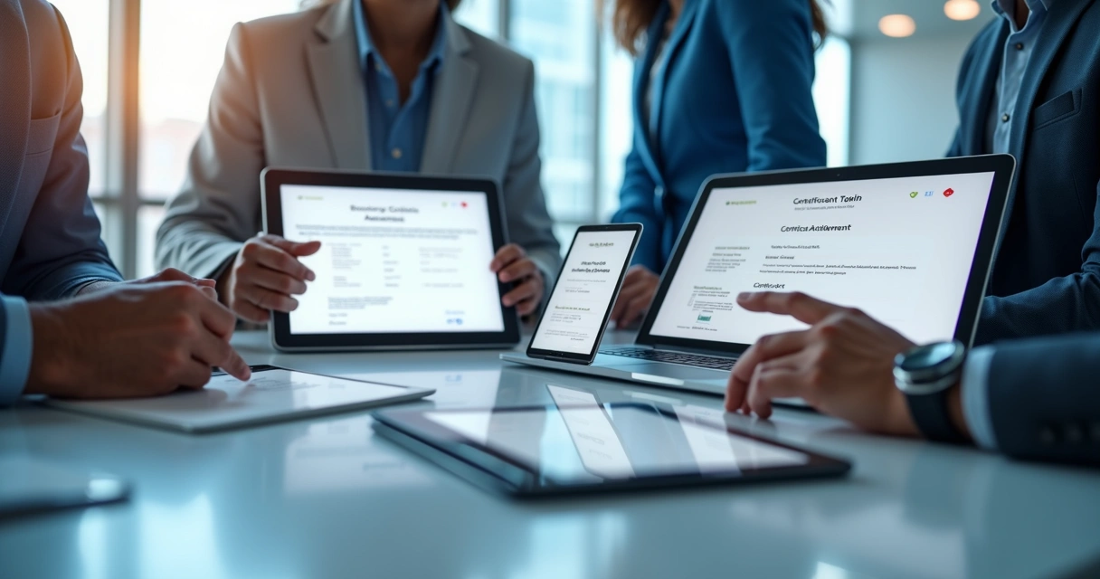 Vários certificados digitais modernos exibidos em telas de laptops e tablets em uma mesa de escritório 