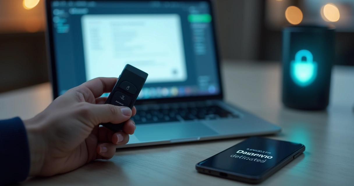 Mão segurando token de autenticação ao lado de um certificado digital 