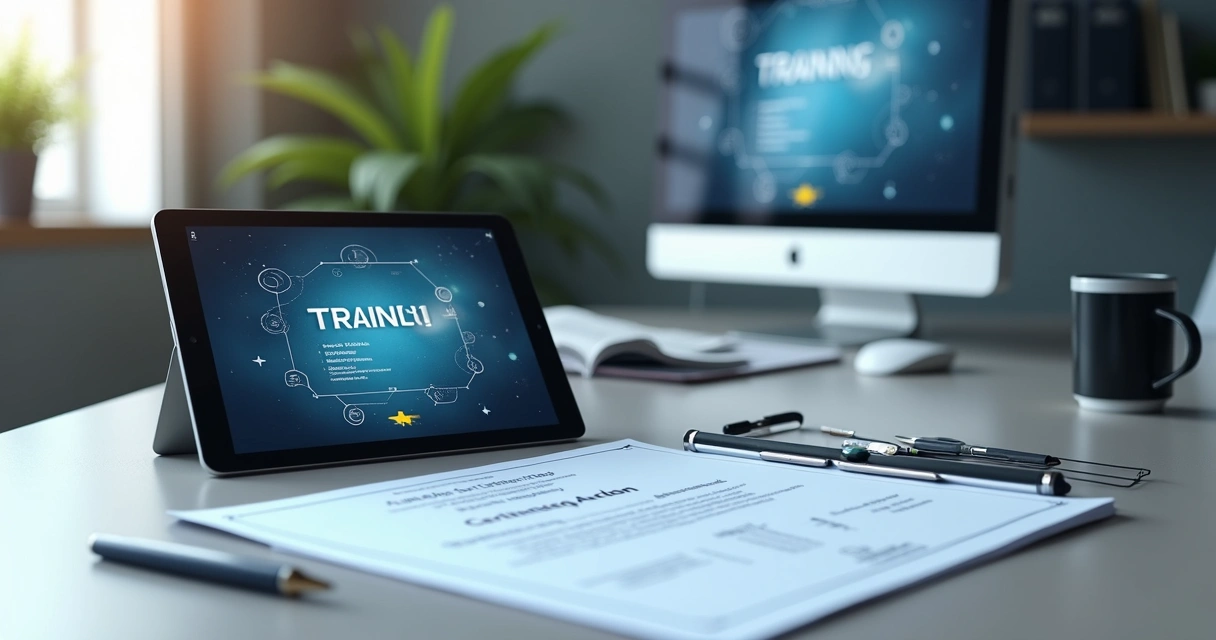 Certificados digitais exibidos em tablet e papéis organizados em mesa corporativa. 