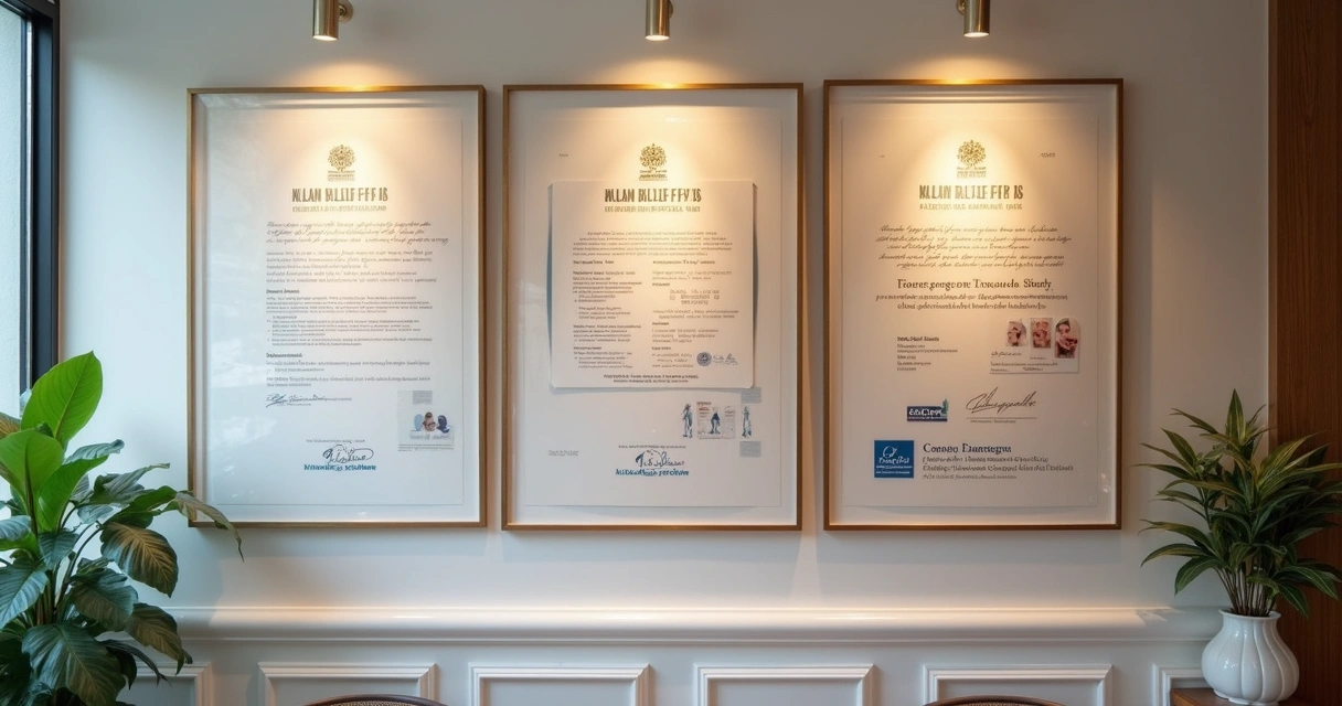 Certificados de cursos de harmonização facial organizados em parede de clínica 