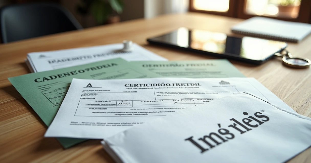 Documentos e certificados imobiliários portugueses organizados na mesa