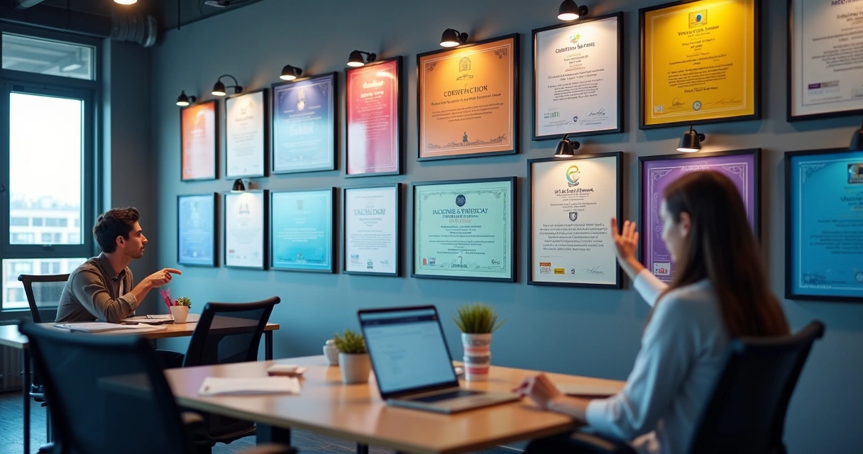 Certificações de TI expostas em parede de escritório 