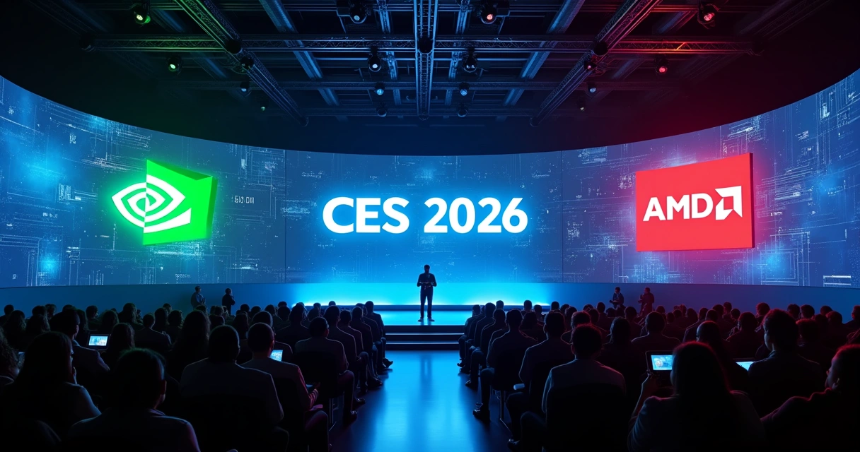 Palco de keynote da CES 2026 com destaque para IA Nvidia e AMD 