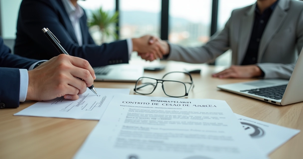 Contrato de cessão de marca sendo assinado em escritório moderno 
